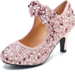 리우리지아 여성용 로우 키튼 힐과 보우 메리 제인 스팽글 펌프스 편안한 빈티지 댄스 웨딩 드레스 슈즈