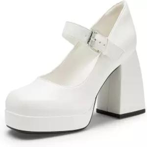 드림 페어 여성용 하이 청키 플랫폼 클로즈드 토 메리 제인 블록 힐 스퀘어 스트래피 드레스 웨딩 파티