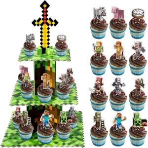 24개의 컵케이크 토퍼가 있는 픽셀 스탠드 게이머 생일 파티 용품을 위한 3단 디저트 및 홀더 테마 장식.