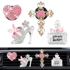 리슬로브 4PCS 에어 벤트 클립 여성용 (핑크) 다이아몬드 병 슈 액세서리 하트 크리스탈 크로스 자동차 퍼퓸 귀여운 장식 하이힐