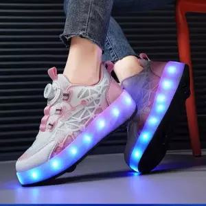 바퀴 4 개 달린 신발 여아용 빛나는 내구성 이중 열 변형 스케이트 세련된 손잡이 조절 스니커즈 롤러 포함