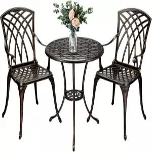 우산 구멍이 있는 고캡틴 파티오 비스트로 세트 3피스 주조 알루미늄 테이블 및 의자 뒷마당 정원 발코니