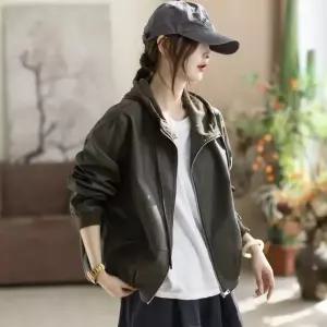 EAMT 그린 여자 봄 후드 가죽 재킷 코트 YJ1