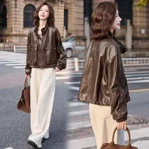 무천도사 여성용 여성 캐주얼 춘추 코트 가죽 차이나 상의 PU 재킷 숏 KKE3