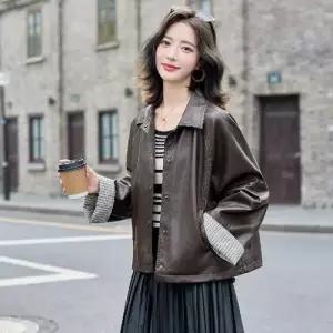 무천도사 여성용 여성 가을 숄카라 PU 가죽 소프트 상의 숏 재킷 코트 KKE3