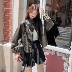 무천도사 여성용 여성 가을 빈티지 슬림핏 쇼트 가죽 자켓 코트 KKE3