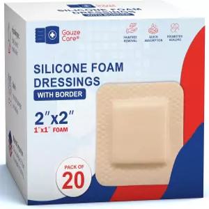 거즈케어 실리콘 폼 드레싱 2x2 (20팩) - 효과적인 관리를 위한 접착 테두리 자가 및 고흡수성 붕대가 있는