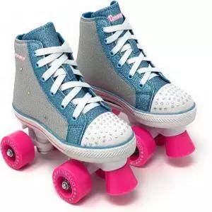 시카고 패션 라이트 업 쿼드 롤러 스케이트 - 내구성이 뛰어난 실내/외 최고 성능 스파클 실버 청록색