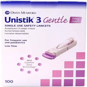 유니스틱 3 젠틀 세이프티 랜싯 - 침투 깊이 1.5mm 100-30G 박스