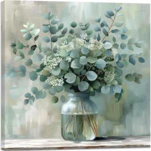 FWAHREN 식물성 유칼립투스 캔버스 월 아트 액자에 담긴 세이지 그린 식물 프린트 아트워크 농가 야생화