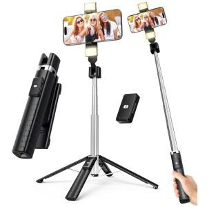 41 u2033 셀카봉 삼각대 충전식 및 밝기 스탠드 3가지 LED 범용 Android용 9가지 블루투스 확장형 충전 스틸 리모컨 모드 조명 2개 쿼드라포드 스테인리스