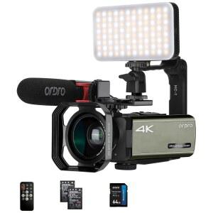 ORDRO 4K 비디오 카메라 64G 스크린 WIFI 라이브 12X 포함 LED 마이크 캠코더 스트리밍용 카드 조명 블로깅 AX65 터치 배터리 5인치 IPS 광학 2개