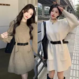 원피스 니트 미니 벨트 겨울 포켓 반목 포함 벨마 프넥