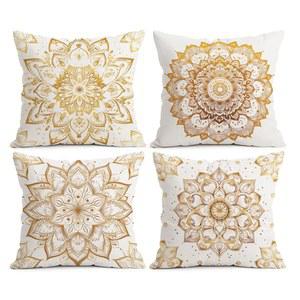BEWQ 보헤미안 골드 만다라 던지기 세트 야외 케이스 베개 스퀘어 데코용 장식 18X18인치 쿠션 카 모던 4개 가정용 소파 커버