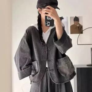 여성용 청 빈티지 재킷 코트 브이넥 싱글 빅 포켓 블레이저 MF1