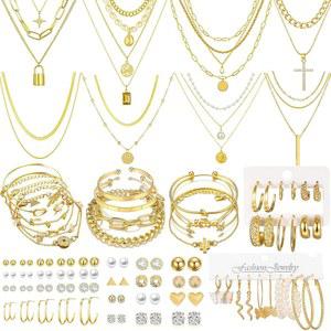 IFNODO 65개 골드 도금 주얼리 세트에는 다층 목걸이 팔찌 및 귀걸이 세트 여성 파티 우정 선물용 크로스 펄 레이어 디자인이 포함되어
