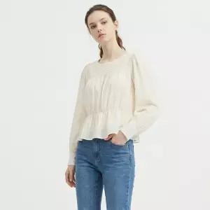 여성 라운드넥 플레어 셔링 링클프리 하객룩 블라우스 EAN-WBL-21096-크림