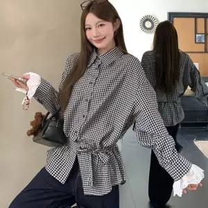 나모르 깅엄체크 레이스 벨트 면셔츠_S4617