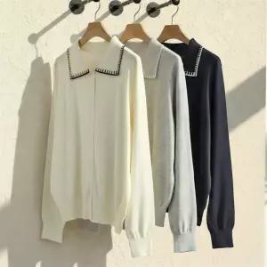 여자 부드러운 울혼방 세일러 카라 니트 가디건