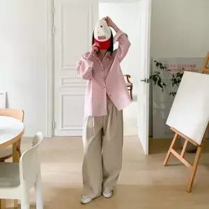 [하프클럽/]여자 데일리 오버핏 컬러 체크 카라 면혼방 루즈핏 셔츠