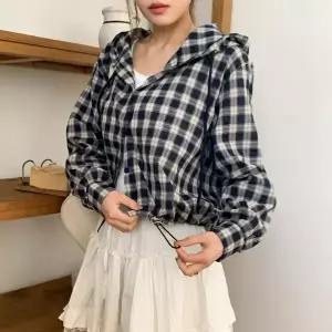 [하프클럽/]여자 데일리 루즈핏 체크 후드 셔츠