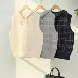 여자 데일리 캐주얼 편안한 후드 집업 니트 조끼