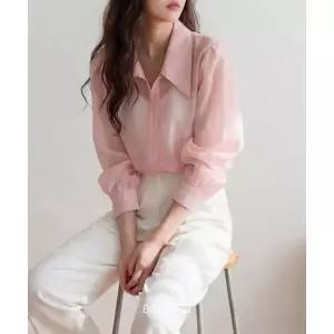 [하프클럽/]BONNIE J  봄 여름 비침 시스루 퍼프소매 블라우스 빅카라 쉬폰 긴