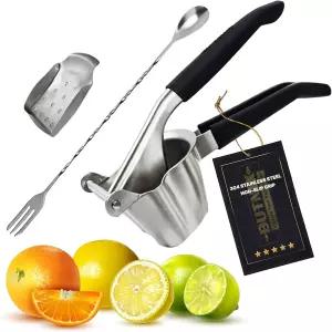 버닉스 레몬 압착기 스테인리스 스틸 304 핸드 착즙기 라임 오렌지용 3-in-1 시트러스 칵테일 믹싱 스푼이