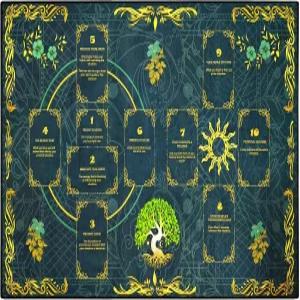 켈틱 크로스 패턴으로 읽을 수 있는 카나 제단 천 황금 나무 타로 매트