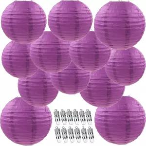 12개의 보라색 종이 랜턴과 흰색 LED 조명 6인치 8인치 10인치 12인치 원형 걸이식 중국/일본 무도회 랜턴