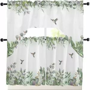 AMZRicher 그린 유칼립투스 키친 스웨그 밸런스 및 티어 커튼 세트 길이 24인치 동물 조류 식물 허브 막대