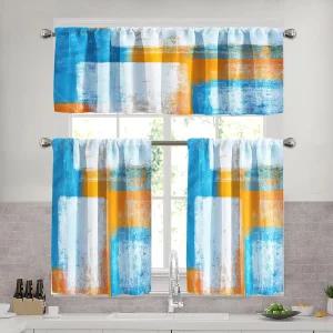 Lnond 오렌지 블루 주방 커튼 및 밸런스 세트 52x36 인치 세미 시어 로드 포켓 티어 3개 추상 아트 장식