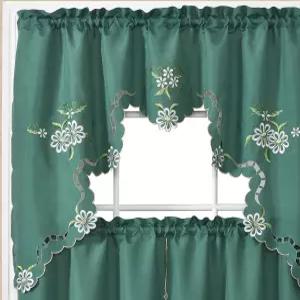 GOHD 컷워크 플로럴. 주방 커튼 세트. 스웨그 밸런스와 티어 인조 실크 원단에 멋진 자수와 컷워크.