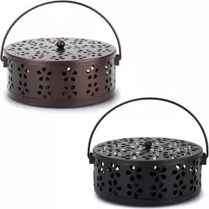 모기 코일 홀더 2팩 시트로넬라 향 야외용 강철 원형 버너 트레이 손잡이와 뚜껑블랙/브론즈