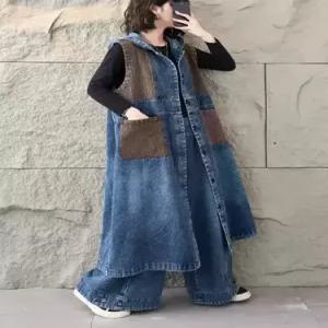 볼사스 캐주얼 빈티지 여친 청 롱 후드 싱글 조끼 민소매 ADOR1