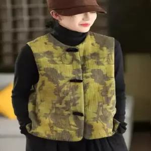 볼사스 여사친 캐주얼 빈티지 린넨 단추 충전면 안감 조끼 자수 민소매 ADOR1