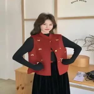 볼사스 여자 모직 빈티지 캐주얼 나시 탑 양면 조끼 자수 ADOR1