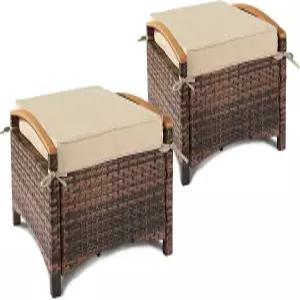 빈글리 위커 야외 오스만 세트 2개 파티오용 전천후 PE 라탄 풋스툴 및 탈착식 쿠션 정원용 방수 풋레스트