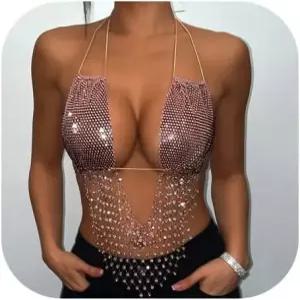 쿠스미어 스파클 라인스톤 메시 홀터 탑 브라 페스티벌 크리스탈 태슬 크롭 탱크 여름 속옷 바디 주얼리