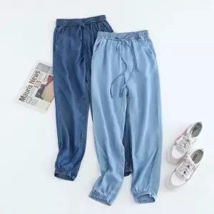 여성 데님팬츠 고무줄 팬츠 연청 루즈핏 조거바지 하이웨스트