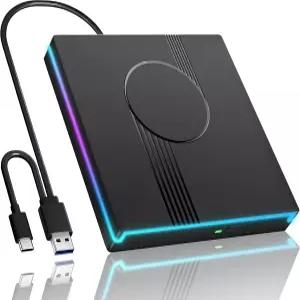노트북용 Wbacon RGB 외장 CD/DVD 드라이브 CD USB 3.0 Type-C 휴대용 DVD 플레이어 버너 +/-RW 광학
