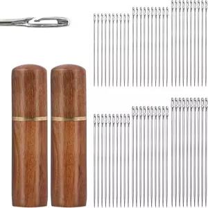Geynow 60PCS 셀프 실밥 바늘 6가지 크기의 전문 자수 나무 케이스가 있는 이지 사이드