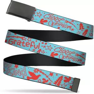 버클 다운 벨트 플립 웹 감사한 낙관주의는 친절한 콘 콜라주 블루 레드 폭 1.5인치 사이즈 52까지