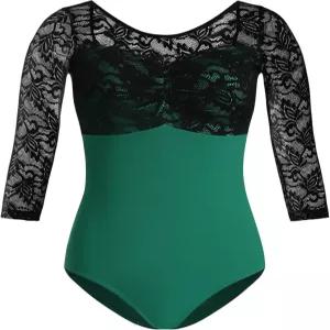 HROYL 여성용 3/4 슬리브 레이스 레오타드 발레 댄스 체조 바디수트 핑크