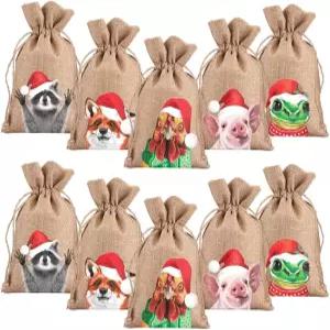 WIRESTER 크리스마스 트림 선물 가방 10개 세트 리넨 원단 간식 캔디 홀리데이 파티 용품 모자를 쓴 동물