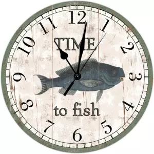 낚시할 시간 예술 시계 블루 농어 낚시 해변 장식 바다 해안 나무 벽시계 배터리 작동 쿼츠 15인치 농가