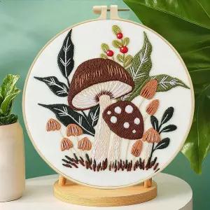 초보자를 위한 진칭 우드랜드 버섯 자수 키트 후프 및 풀 툴이 포함된 29x29cm 인쇄 원단SCX0910