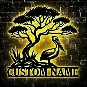 타이즈 메탈 사인 커스텀 이름 맞춤 펠리칸 버드 월 아트 LED 조명 개인 맞춤형 러버 홈 데코 남성용 선물