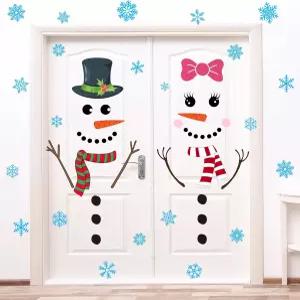 크리스마스 눈사람 문 스티커 4장 겨울 창문 냉장고 장식용 눈송이 스티커로 대형 얼굴 장식하기