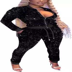 여성용 알룬조엠 조깅복 2피스 의상 벨벳 스팽글 긴팔 지퍼 재킷 조거 팬츠 운동복 세트